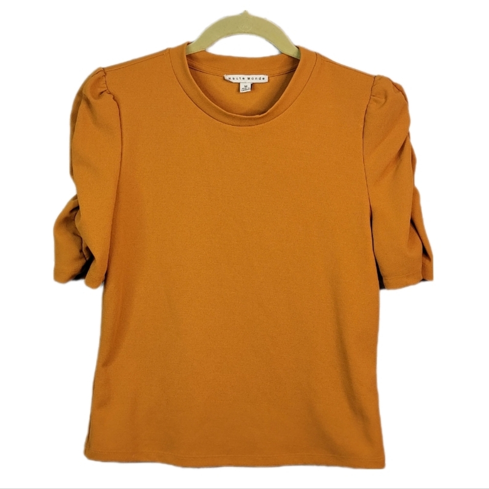 Haute Monde Burnt Orange Boho Sinched Ruffled Sleeve High Fashion Blouse Top M